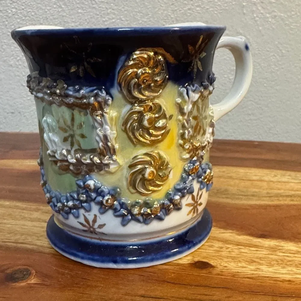 ANTIQUE GERMAN PORCELAIN SHAVING MUG | RAISED GOLD COBALT BLUE ACCENTS DECOR